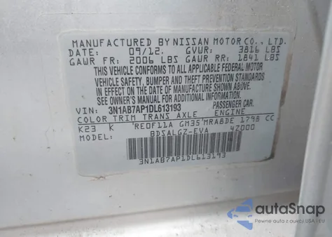 2013 Nissan Sentra Sl z USA, uszkodzony, nr VIN 3N1AB7AP1DL613193